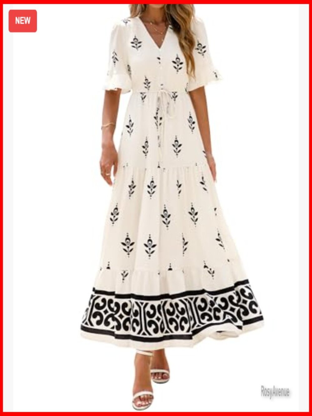 Polyester Maxi Dress with Pockets, V-Neck, Tiered Flowy A-Line - Picture 4 of 7